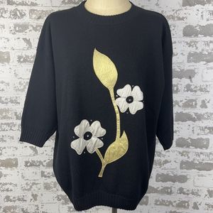 Vtg 80’s Legs Eleven Sweater Sz L Oversized Black Metallic Flowers‎ Short Sleeve